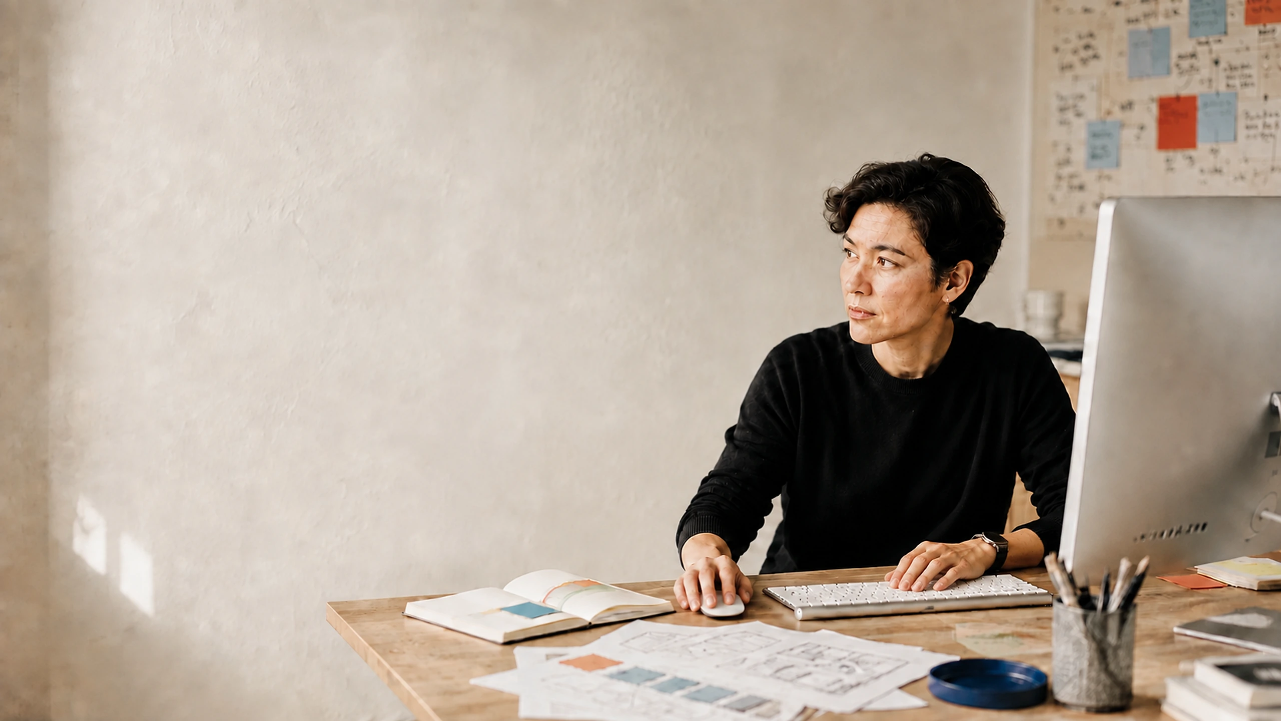 A product lead working across a desktop, notebook, and research materials